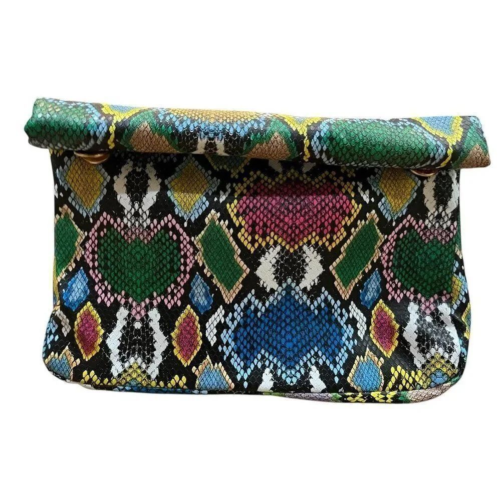 Bright Colorful Snakeskin Print Lined Fold Over Clutch or Lunch Bag Snaps